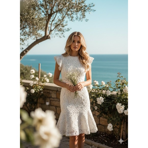JESSAKAE White Rope Lace Mermaid Mini Dress Coquette Bridal Shower Wedding Sz S